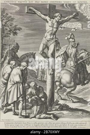 Kruisiging van Christus, linkerdeel il "buon" ladro sulla croce. Sinistra in primo piano soldati che dicano per i vestiti di Cristo. Un pilota e due spettatori che guardano. Porta lancia destra (Longinus) a cavallo. Sullo sfondo le tre sante donne che si sono recati alla tomba di Cristo. Con l'epigrafe una linea in latino e nel margine una firma a tre linee in Latijn. Produttore : stampatore Pieter de Jode (i) alla sua progettazione: Pieter de Jode (i) (edificio elencato) Editore: Pieter de Jode (i) (edificio elencato) Fabbricazione Del Luogo: Anversa Data: 1590 - 1632 caratteristiche Fisiche: Materiale dell'automobile: Paper Tech Foto Stock