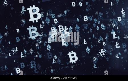 Bitcoin, etereo, cardano e litecoina criptocurrency estrazione simboli volanti illustrazione 3d. Concetto astratto sfondo digitale della finanza futura an Foto Stock