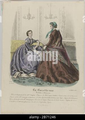 La Gazette Rose, 15 ottobre 1865, No 680 Accappatoi e Cachmires Due donne, di cui una vista dal retro in un interno. Secondo la didascalia, abiti e kasjmiers (sciarpa) di Gagelin. Kelly Louise Deloffre. Qui sono alcune regole che fanno pubblicità al testo per i vari prodotti. Stampa il modetijschrift la Gazette Rose (1857-1884) . Produttore : stampatore Louis Berlier (proprietà in elenco) a disegno: Heloise Leloir-Colin (edificio in elenco) stampante: Mariton (proprietà in elenco) Luogo fabbricazione: Parigi Data: 1865 caratteristiche Fisiche: Engra, mano-colorato materiale: Carta Tecnica: Engra (stampa pro Foto Stock