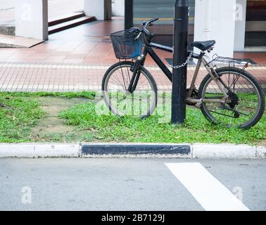 Il tubo della parte superiore della bicicletta è saldamente concatenato, dalla maglia della catena e dalla serratura, al palo della lampada di metallo nel giardino. Attività All'Aperto, Esercizio Fisico, Sport, Ambiente Foto Stock