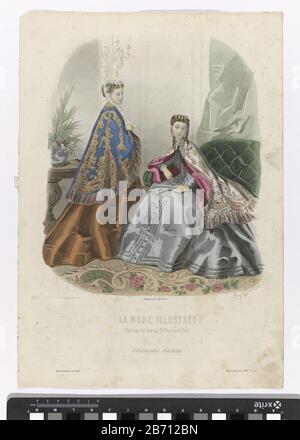 Twee vrouwen in een interieur. Beiden dragen een cape(?) van kasjmier. Prent uit het modetijdschrift la Mode Illustrée (1860-1937). Produttore : Pentmaker: A. Bodin (vermeld op object)naar tekening van: Anaïs Colin-Toudouze (vermeld op object)drukker: Gilquin (vermeld op object)Plats fabbricante: Parijs dating: 1868 Physical kenmerken: Staalgravure, met de hand gekleurd Materiale: Papier Techniek: × 260 mm abiti da platescoat (+ abiti da donna)guanti, guanti, ecc. (+ abiti da donna)capi-abbigliamento (+ abiti da donna)ear-ri Foto Stock