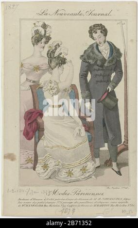 Un uomo e due donne, indossando lo stesso vestito, in un interno. Indossa un pardessus' con colletto in pelliccia o colletto a colletto. Taglio Di Capelli Mm Freres Normandin. Top Hat 'sans finishes' MR Manéglier. Donna Acconciatura o 'coiffure' Mariton. Stampa la rivista di moda la Nouveauté Journal (1-9-1825 fino a gennaio 1827). . Produttore : stampatore: Anonimo Data: 1827 caratteristiche Fisiche: Engra, colore della mano materiale: Carta Tecnica: Engra (processo di stampa) / colore della mano dimensioni: Superficie: H 207 mm × W 130 mm Oggetto: Abito, abito: Abito da sera (+ abiti da donna) moda piatti cappotto: Soprabito (+ abiti da uomo Foto Stock