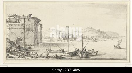 Carico van handelswaar Diversi vedute designati a Fiorenza (seriettel) Elf Italiaanse landschappen (seriettel) sulla riva di una baia sono alcuni uomini impegnati a caricare navi. Lasciato un grande edificio. Più sullo sfondo un castello o fortezza e alcune case. Questa stampa fa parte di una serie di 11 Paesaggi italiani (probabilmente principalmente fiorentini) (12 incluso frontespizio.) . Produttore : stampatore Jacques Callot (edificio elencato) stampatore François Collignon (attribuito a) il vostro proprio disegno: Jacques Callot ( elencato su oggetto), progettato da Jacques Callot (edificio elencato) editore: Israele Henriet (li Foto Stock