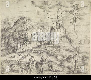Landschap incontrò Mercurius die de kudde van Apollo inginocchiò un paesaggio con un castello su una collina. Diversi uccelli che volano sopra il castello. In primo piano Mercurio mandria di Apollo (o Argus) ruba da lui addormentato a placare con muziek. Produttore : stampatore Angelo Falco Net (proprietà in elenco) Luogo di produzione: Italia Data: 1527 - 1567 caratteristiche Fisiche: Acquaforte materiale: Carta Tecnica: Incisione dimensioni: Bordo della lastra: H 220 mm × W 265 mm Oggetto: (Storia di) Mercurio (Hermes) paesaggio con torre o castello - II - paesaggio ideale mercurio lulls Argus in rimorchio facendo musica mercurio ruba il gregge Foto Stock
