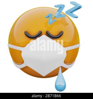 Rappresentazione 3D del viso emoji giallo sonno stanco in maschera medica che protegge da coronavirus 2019-nCoV, MERS-nCoV, sars, influenza aviaria e altri virus Foto Stock