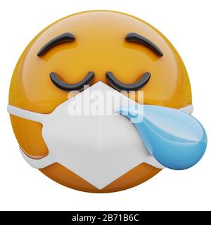 Rappresentazione 3D del viso emoji giallo duro addormentato in maschera medica che protegge da coronavirus 2019-nCoV, MERS-nCoV, sars, influenza aviaria e altri virus Foto Stock