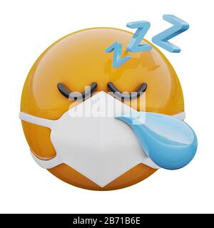 Rappresentazione 3D del viso emoji giallo sonno stanco in maschera medica che protegge da coronavirus 2019-nCoV, MERS-nCoV, sars, influenza aviaria e altri virus Foto Stock