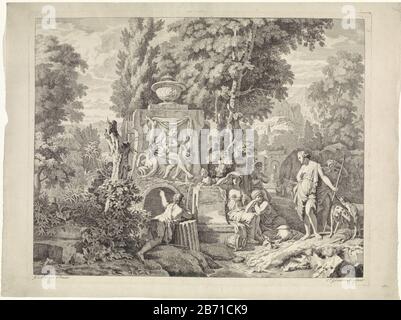 Landschap met een fontein en Diana en haar nimfen Bijbelse, mythologische en allegorische voorstellingen (serietitel) un paesaggio arcadico con una fontana centrale classica romana. Diana e le sue ninfe intorno alla fontana. La stampa fa parte di una serie di voorstellingen bibliche, mitologiche e allegoriche. Produttore : stampatore John Glauber (proprietà in elenco) a dipingere da Gerard de Lairesse (edificio in elenco) Editore: Leonard Schenk (possibile) Luogo di produzione: Stampatore sconosciuto alla pittura: Amsterdam Editore: Amsterdam Data: 1685 caratteristiche Fisiche: Incisione; materiale di prova: PAP Foto Stock