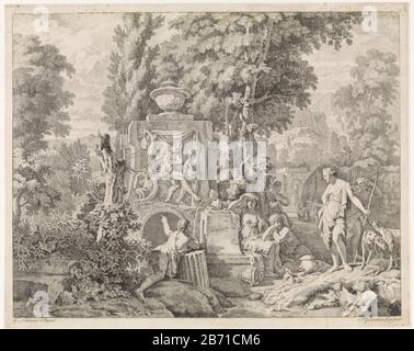 Landschap met een fontein en Diana en haar nimfen Bijbelse, mythologische en allegorische voorstellingen (serietitel) un paesaggio arcadico con una fontana centrale classica romana. Diana e le sue ninfe intorno alla fontana. La stampa fa parte di una serie di voorstellingen bibliche, mitologiche e allegoriche. Produttore : stampatore: Johannes Glauber (indicato sull'oggetto) a disegno di: Gerard de Lairesse (indicato sull'oggetto) editore: Leonard Schenk (possibile) Luogo fabbricazione: Stampatore : sconosciuto al disegno di: Amsterdam Editore: Amsterdam Data: 1685 - 1689 Charact Fisico Foto Stock