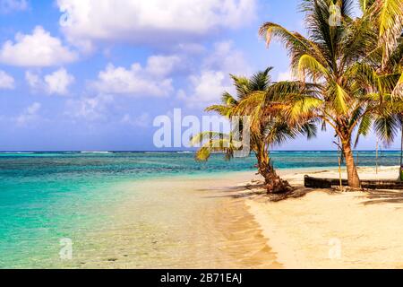 Bella spiaggia solitaria nell'isola caraibica di San Blas nel territorio politicamente autonomo di Guna a Panama. Mare tropicale turchese, punto di riferimento del viaggio destin Foto Stock