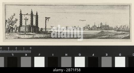 Landschap met galgen en gezicht op Kampen Riviergezichten in Duitsland en de Lage Landen (seriettel) Tiende prent uit een serie van twaalf landschappen. Links op de voorgrond twee galgen en een rad op een staak. Links daarvan twee mannen onder een boom. In het midden een rivier met gezicht op een stad. Rechts twee figuren wandelend op een dijk. Produttore : stampatore: Venceslao Hollar (vermeld op object)Plaats fabbricante: Londen datazione: 1643 kenmerken Fisico: ETS Materiale: Papier Techniek: Etsen dimensioni: Plaatand: H 47 mm × b 167 mm Oggetto: Pena di morte, executionriver Foto Stock