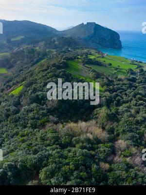 Veduta aerea della campagna e della foresta di querce cantabriche nella Valle di Liendo, Liendo, Mar Cantabrico, Cantabria, Spagna, Europa Foto Stock