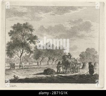 Landschap ha incontrato hooiwagen Juli De twaalf maanden (seriettel) De gecouleurde Teekeningen van de 12 Maanden () (serietitel) Paesaggio con un carro da fieno in primo piano con due agricoltori e un agricoltore con rastrello. Lasciato in background una fattoria, mucche e un agricoltore. In basso a destra: 7. Ottava immagine di una serie di tredici con maanden. Produttore : stampatore: Johannes Janson (indicato sull'oggetto), al suo disegno: John Janson Luogo fabbricazione: Leiden Data: 1783 caratteristiche Fisiche: Materiale di incisione: Tecnica della carta: Dimensioni di incisione: Bordo della lastra: H 145 mm × W 173 mm Oggetto: Simbolizzazione del paesaggio Foto Stock