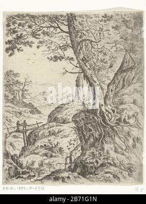 Landschap ha incontrato houten bruggetje paesaggio con a sinistra un ponte di legno con due escursionisti. Destra due alberi su un pappagalli. Produttore : stampatore Willem von Bemmel (edificio elencato) nel suo disegno: Willem von Bemmel Luogo di produzione: Germania (possibile) Datato: 1645 - 1655 caratteristiche Fisiche: Materiale di incisione: Tecnica della carta: Incisione dimensioni: Foglio: H 187 mm × W 155 mm Soggetto: Paesaggi nella zona temperata e. Foto Stock