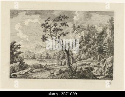 Landschap met huizen op een berg In Basso a destra numerata 2. Produttore : stampatore: Monogramma MEGPlats prodotto: Germania Data: 1700 - 1730 caratteristiche Fisiche: Acquaforte materiale: Tecnica della carta: Acquaforte dimensioni: Foglio: H 205 mm × W 290 mmplaatand: H 169 mm × W 249 mm Oggetto: Paesaggi nella zona temperata paesaggio con torre o castello Foto Stock