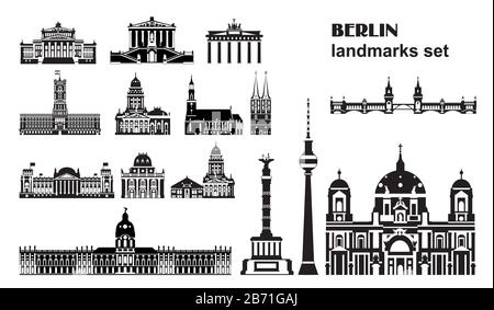 Set vettoriale di monumenti storici di Berlino, Germania. Illustrazione isolata monocromatica. Concetto di viaggio di Berlino. Illustrazione orizzontale dei principali punti di riferimento isolati o Illustrazione Vettoriale