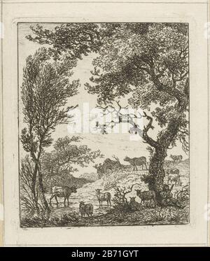 Landschap ha incontrato kudde vee un gregge di mucche e pecore in un paesaggio collinare con alberi e acque poco profonde. Produttore : stampatore Hermanus FockPlats prodotto: Amsterdam Data: 1781 - 1822 caratteristiche Fisiche: Materiale di incisione: Tecnica della carta: Dimensioni di incisione: Bordo della lastra: H 82 mm × b 71 mm Oggetto: Bestiame Foto Stock