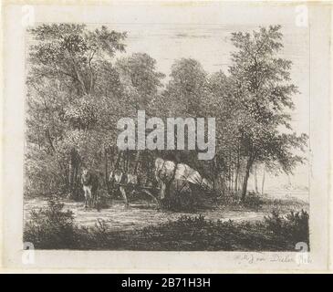 Landschap met man bij volgeladen kar en ingespannen paard Landscape with man on fully loaded cart and fated horse tipo oggetto: Immagine numero articolo: RP-P-1878-A 2787 Iscrizioni / marchi: Collector's mark, vero, stampato: Lugt 2228 Produttore : tipista Willem Matthias Jan van Dielen (oggetto elencato) Luogo produzione: Paesi Bassi Data: 1861 caratteristiche Fisiche: Incisione su collé di chine Materiale: Collé di chine di carta Tecnica: Incisione dimensioni: Bordo della piastra: H 245 mm × W 300 mm Oggetto: Veicolo a due ruote disegnato da un cavallo animale Foto Stock