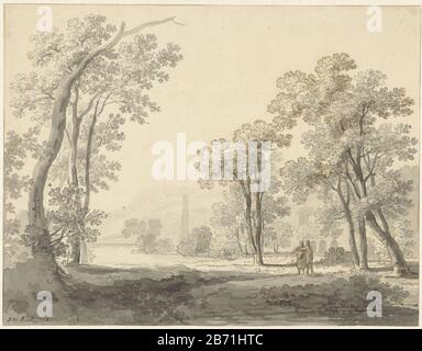 Landschap met rechts twee figuren Landscape with the right two figures tipo oggetto: Disegno numero Oggetto: RP-T 1933-52 fabbricante : artista: Johann Heinrich Müntz datazione: 1770 caratteristiche Fisiche: Matita, penna e inchiostro marrone e grigio, pennello e grigio materiale: Carta inchiostro matita Tecnica: Penna / pennello dimensioni: H 217 mm × L 282 mm Foto Stock