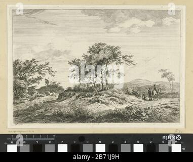 Landschap met ruiter en voetganger Een heuvelachtig landschap met in het midden een boompartij. Op het pad staat een man met uitgestrekte ARM naast een man te paard. Aan de andere kant van de boompartij een wandelaar met een stok in zijn handen. Produttore : Pentmaker: Hermanus Fock (vermeld op object)Plaats manufacturing: Amsterdam Dating: 1781 - 1822 Physical kenmerken: ETS Materiale: Papier Techniek: Etsen dimensioni: Plaatand: H 168 mm × b 243 mm Oggetto: 'En route', Traveller under waylow Hill country (+ landscape with figures, staff) Foto Stock