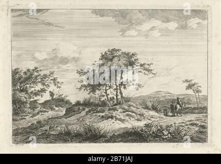 Landschap ha incontrato ruiter en voetganger un paesaggio collinare con un lotto di alberi nel mezzo. Sul sentiero si erge un uomo con braccio allungato accanto ad un uomo a cavallo. Sull'altro lato della parte dell'albero un escursionista con un bastone nel suo mano. Produttore : stampatore Hermanus Fock (proprietà in elenco) Luogo di produzione: Amsterdam Data: 1781 - 1822 caratteristiche Fisiche: Acquaforte materiale: Carta Tecnica: Acquaforte dimensioni: Bordo della piastra: H 172 mm × b 247 mm Oggetto: Bassa collina paese (+ paesaggio con cifre, personale) lungo il percorso, viaggiatori in corso Foto Stock