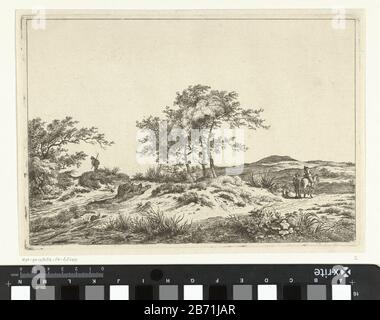 Landschap met ruiter en voetganger Een heuvelachtig landschap met in het midden een boompartij. Op het pad staat een man met uitgestrekte ARM naast een man te paard. Aan de andere kant van de boompartij een wandelaar met een stok in zijn handen. Produttore : Pentmaker: Hermanus FockPlats fabbricante: Amsterdam Dating: 1781 - 1822 Physical kenmerken: ETS Materiale: Papier Techniek: Etsen dimensioni: Plaatand: H 168 mm × b 245 mm Oggetto: 'In route', viaggiatore in bassa collina (+ paesaggio con figure, personale) Foto Stock