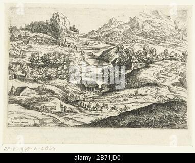 Landschap ha incontrato ruiters Kleine landschappen naar Titiaan (seriettel) Landscape con un gruppo di piloti e pastori. Al fiume un certo numero di case e in lontananza uno stad. Produttore : stampatore: Lucas van Uden alla progettazione: Titian (possible) Editore: Frans van den Wijngaerde (property) Luogo di produzione: Olanda Data: 1605 - 1673 caratteristiche Fisiche: Acquaforte materiale: Tecnica della carta: Acquaforte dimensioni: Bordo della lastra: H 88 mm × W 132 mm Oggetto: Guerra fluviale; affari militari (+ cavalleria, horsemen) Foto Stock