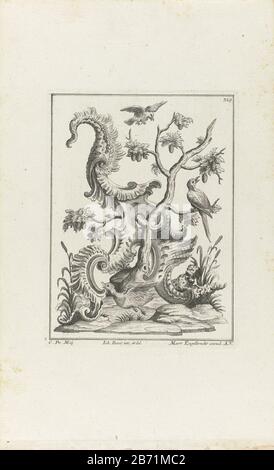 Landschap met vogels en een jachthond Rocailles met dieren (serietitel) un cane che insegue un'anatra. Reed sinistro e destro. Il seme è intrecciato con un albero. Dentro e intorno all'albero due uccelli. In alto a destra 329 genummerd. Produttore : stampatore: Anonimo al disegno: Johann Baur (edificio elencato) Editore: Martin Engelbrecht (proprietà elencata) fornitore di privilegio sconosciuto (proprietà elencata) Luogo di produzione: Augsburg Data: 1719 - 1749 caratteristiche Fisiche: Materiale di incisione: Tecnica della carta: Dimensioni di incisione: Bordo della piastra: H 205 mm × W 155 mm Oggetto: rocaille ornamento corts acqua uccello caccia Foto Stock