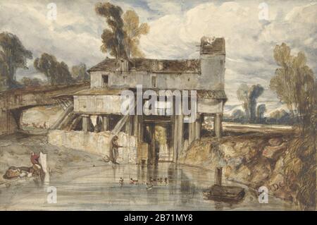 Landschap met watermolen Paesaggio con mulino ad acqua tipo di proprietà: Disegno numero Oggetto: RP-T 1971-45 Produttore : artista: Alexandre-Gabriel Decamps Appuntamenti: 1813 - 1860 caratteristiche Fisiche: Pennello acquerello materiali: Carta acquerello tecnica: Pennello dimensioni: H 195 mm × W 294 mm Oggetto: Mulino ad acqua in paesaggio e Foto Stock