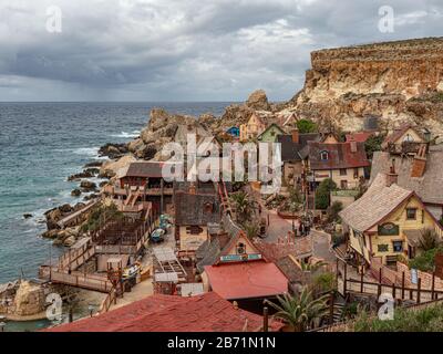 Popeye Village - un famoso punto di riferimento e un'ex location cinematografica a Malta Foto Stock