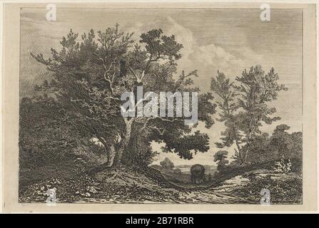 Landweg tussen de twee boompartijen Vista di un paesaggio collinare con una strada tra due grumi. Sulla strada, sotto i rami del grande albero sulla sinistra, cavalcare un carro di fieno ed è un pastore con il suo scapen gregge. Produttore : printmaker: Martinus Antonius Kuytenbrouwer Jr. (Listed property) Produzione Locale:. Hague Data: 1845 Caratteristiche Fisiche: Incisione , roulette, piatto tono e punto secco materiale: Carta Tecnica: Incisione / roulette / ago secco / piatto tono misure: Bordo piatto: H 148 mm × W 221 mm Oggetto: Landschappentreesherding, herdsman, herdswoman, pastore, pastherdess, cowh Foto Stock