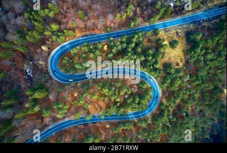 La vista aerea di strada tortuosa da alto passo di montagna con gli alberi in Transilvania, Romania, vista su strada curva da drone in autunno-inverno Foto Stock