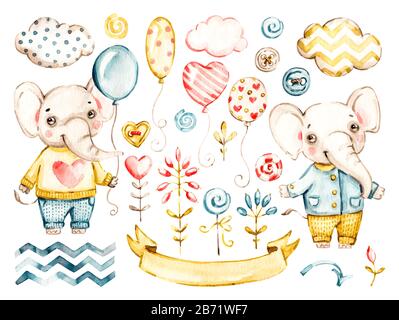 Carino elefante bambino ragazzo. Watercolor vettore vivaio cartoni animati giungla animali, cute nuvole, palloncini. Adorabile safari serie Nurseries isolato su dorso bianco Illustrazione Vettoriale