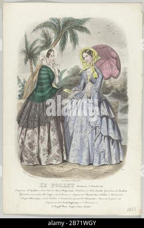 Le Follet, 1852, No1743 Chapeaux Mlle Grafetor Due donne, di cui una con ombrellone, con alcune palme sullo sfondo. Secondo la didascalia, cappelli Grafetor. Camille. Vesti di Cambrai. Mantelet senza cuciture di Inger. Qui sono alcune regole che fanno pubblicità al testo per i vari prodotti. Stampa la rivista di moda le Follet Courrier des Salons (novembre 1829 ottobre 1882) . Produttore : printmaker: Anonymous to drawing: Anaïs Colin-Toudouze (edificio elencato) stampante: Gerval (proprietà elencata) Luogo di produzione: Parigi Data: 1852 caratteristiche Fisiche: Acciaio engra, materiale colorato a mano: Foto Stock