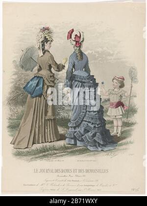 Le Journal des Dames et des Demoiselles, 1875, No 1249e Jupons et Corsets :. Due donne e un bambino fuori, vestiti di trekking. Indossano una giacca sopra un vestito con una giacca e rifiniti con tessuto stropicciato. Tra la mostra alcune righe di testo pubblicità per vari prodotti. Stampa la rivista di moda Journal des Dames et des Demoiselles (1841-1902) . Produttore : stampatore A. Bodin (proprietà elencata) a disegno: Jules David (1808-1892) (edificio elencato) Editore: Annuncio. Goubaud et Fils (indicato sull'oggetto) Button: A. Leroy (indicato sull'oggetto) Place manufacture: Paris Dat Foto Stock