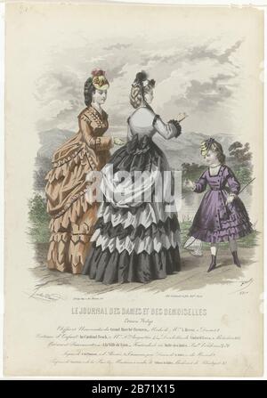 Le Journal des Dames et des Demoiselles, Edizione Belge, 1870, No 917b Etoffes Due donne e un bambino in piedi fuori. Secondo la didascalia, i tessuti e il grande magazzino Grand Marché Parisien e cappelli L. Herst, i figli del cardinale Fesch. Qui sono alcune regole che fanno pubblicità al testo per i vari prodotti. Stampa la rivista di moda Journal des Dames et des Demoiselles (1841-1902) . Produttore : printmaker Jean-Baptiste Réville (Proprietà elencata) a disegno: Jules David (1808-1892) (edificio elencato) Editore: Leroy (oggetto elencato) Luogo fabbricazione: Parigi Data: 1870 Caratteristica Fisica Foto Stock