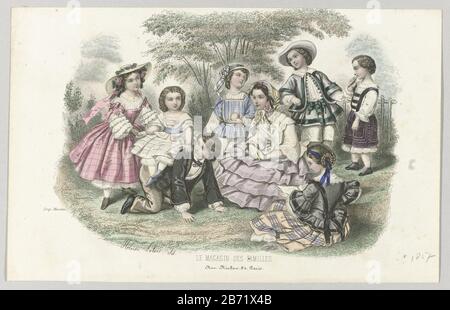 Le Magasin des Familles, ca 1857 Bambini: Quattro ragazze e quattro ragazzi di età diversa in un parco. Una ragazza si siede sul retro di un ragazzo, strisciando lungo il terreno. Stampa la rivista di moda le Magasin des Familles (settembre 1849 - luglio 1878). . Produttore : stampatore: Anonimo al disegno: Heloise Leloir-Colin (edificio elencato) stampante: Mariton (proprietà elencata) Luogo di produzione: Parigi Data: Circa 1857 caratteristiche Fisiche: Engra, materiale colorato a mano: Tecnica della carta: Engra (processo di stampa) / misure del colore della mano: Foglio: H 167 mm × W 262 mm Oggetto: Piatti di moda vestiti, costo Foto Stock
