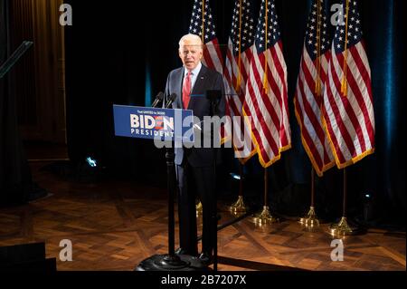 Wilmington, U.S. 12th Mar, 2020. 12 marzo 2020 - Wilmington, DE, Stati Uniti: Ex Vice President Joe Biden (D) parlando del Coronavirus e la risposta ad esso all'Hotel Du Pont a Wilmington, DE. (Foto Di Michael Brochstein/Sipa Usa) Credit: Sipa Usa/Alamy Live News Foto Stock