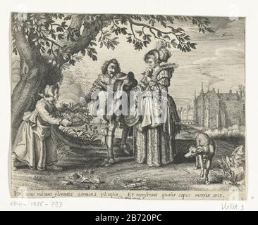 LENTE De vier seizenen (seriettel) una giovane coppia cammina fuori con un cane. Sullo sfondo, un castello con un fossato intorno ad esso. L'uomo acquista un bouquet a una donna di fiori lungo il percorso. Presentazione della primavera da una serie di stampe con i quattro seizenen. Produttore : stampatore Daniel van den Bremdennaar design: Adriaen Pietersz. Della Venne Editore: Herri le Roy (indicato sull'oggetto) Luogo di produzione: Amsterdam Data: 1625 - 1630 caratteristiche Fisiche: Engra materiale: Carta Tecnica: Engra (processo di stampa) Misure: Foglio: H 130 mm × W 167 mm Oggetto: Primavera  attività umana Foto Stock