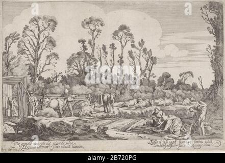 LENTE De vier seizenen (seriettel) Si Trova Di Fronte ad un paesaggio primaverile con agricoltori e mucche. Destra crea un uomo con una pala a terra, mentre le due donne accanto a lui erbacce Che: Den. Lasciato in un ragazzo con conigli sulle spalle della porta, una recinzione racchiusa da tavole terrein. Produttore : printmaker: Gillis Scheyndel (i) al disegno: Willem Pietersz. BuytewechPlats manufacture: Netherlands Date: Approx 1622 Caratteristiche Fisiche: Acquaforte; materiale di prova: Carta Tecnica: Acquaforte dimensioni: Foglio: 164 mm × H 244 b mm Soggetto: Paesaggio primaverile; paesaggio simbolizzante la molla (le quattro stagioni del Foto Stock