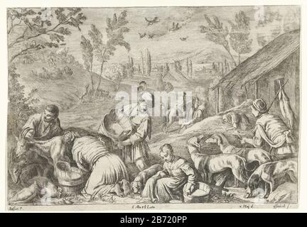LENTE De vier seizenen (seriettel) un gruppo di agricoltori che lavorano fuori casa. Una donna che mungeva capre. Un uomo che indossa una vasca di latte. Giusto un ragazzo con il suo cane, porta un lepre morto sulla sua spalla. Presentazione della primavera in una serie di immagini dei quattro seizenen. Produttore : stampatore Jan Osse Beeck (proprietà elencata) a disegno: Nicholas Hoy (proprietà elencata) a dipingere da Leandro Bassano (proprietà elencata) Luogo fabbricazione: Bruxelles Data: A partire dal 1660 caratteristiche Fisiche: Incisione ed engra materiale: Carta Tecnica: Incisione / engra (processo di stampa) dimensioni: See Foto Stock