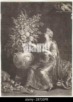 LENTE De vier seizenen (seriettel) allegoria di primavera. Una giovane donna che trita un giuramento primaverile, ha i fiori necessari dal grande vaso accanto a lei. In primo piano scegliere una gallina e i suoi pulcini e grani su una tavola sulla parete sono due Bill e uccelli. La stampa fa parte di una serie di quattro stampe con quattro seizenen. Produttore : stampatore Jan Broedeletnaar design: Gerard Hoet (i) (possible) Luogo produzione: Paesi Bassi Data: 1670 - 1700 caratteristiche Fisiche: Mezzotinta; materiale di prova: Carta Tecnica: Dimensioni mezzotinta: Foglio: 250 mm × H 190 b mm Oggetto: Primavera, 'far'; 'prima Foto Stock
