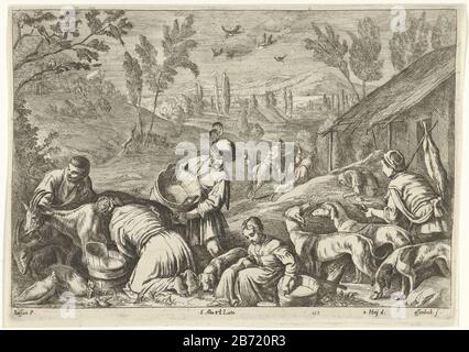 LENTE De vier seizenen (seriettel) un gruppo di agricoltori che lavorano fuori casa. Una donna che mungeva capre. Un uomo che indossa una vasca di latte. Giusto un ragazzo con il suo cane, porta un lepre morto sulla sua spalla. Presentazione della primavera in una serie di immagini dei quattro seizenen. Produttore : stampatore Jan Osse Beeck (proprietà elencata) a disegno: Nicholas Hoy (proprietà elencata) a dipingere da Leandro Bassano (proprietà elencata) Luogo fabbricazione: Bruxelles Datato: Nel 1660 o dopo le caratteristiche Fisiche: Incisione ed engra materiale: Carta Tecnica: Incisione / engra (processo di stampa) Misure: P Foto Stock