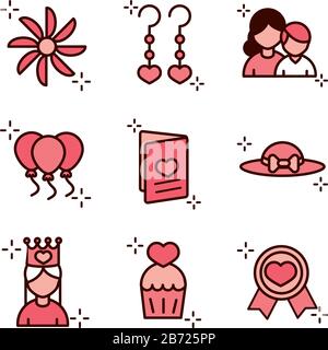 mamme giorno, festa festa icone evento impostare vettore illustrazione linea e riempire stile icona Illustrazione Vettoriale