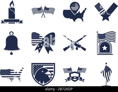 memorial day american national celebration icons imposta vettore illustrazione silhouette stile icona Illustrazione Vettoriale