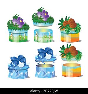 Set di scatole regalo con decorazione naturale, carta colorata, isolato su sfondo bianco. Schizzo per biglietto d'auguri, poster natalizio, festa Illustrazione Vettoriale