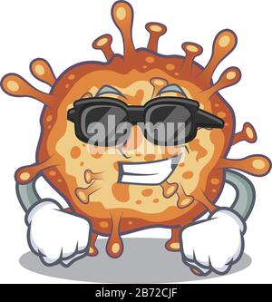 Super fresco retrò virus corona mascotte personaggio indossare occhiali neri Illustrazione Vettoriale