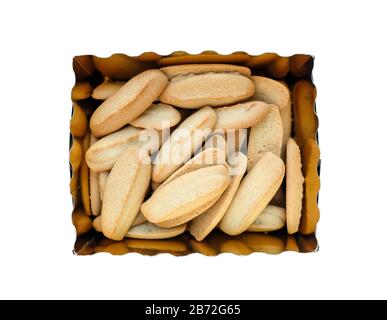 Biscotto Di Pan Di Zenzero. Biscotti oblungi e croccanti in una scatola. Foto isolata Foto Stock