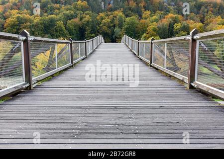 Vista diritta sul Tatzelwurm Brücke (ponte). Guide a sinistra e a destra. Costruzione ondulata, con alberi sullo sfondo. Foto Stock