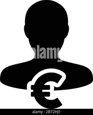 Icona di finanziamento vettore maschile utente profilo avatar con simbolo euro valuta moneta per il business bancario e finanziario in glifo a colori piatto Illustrazione Vettoriale